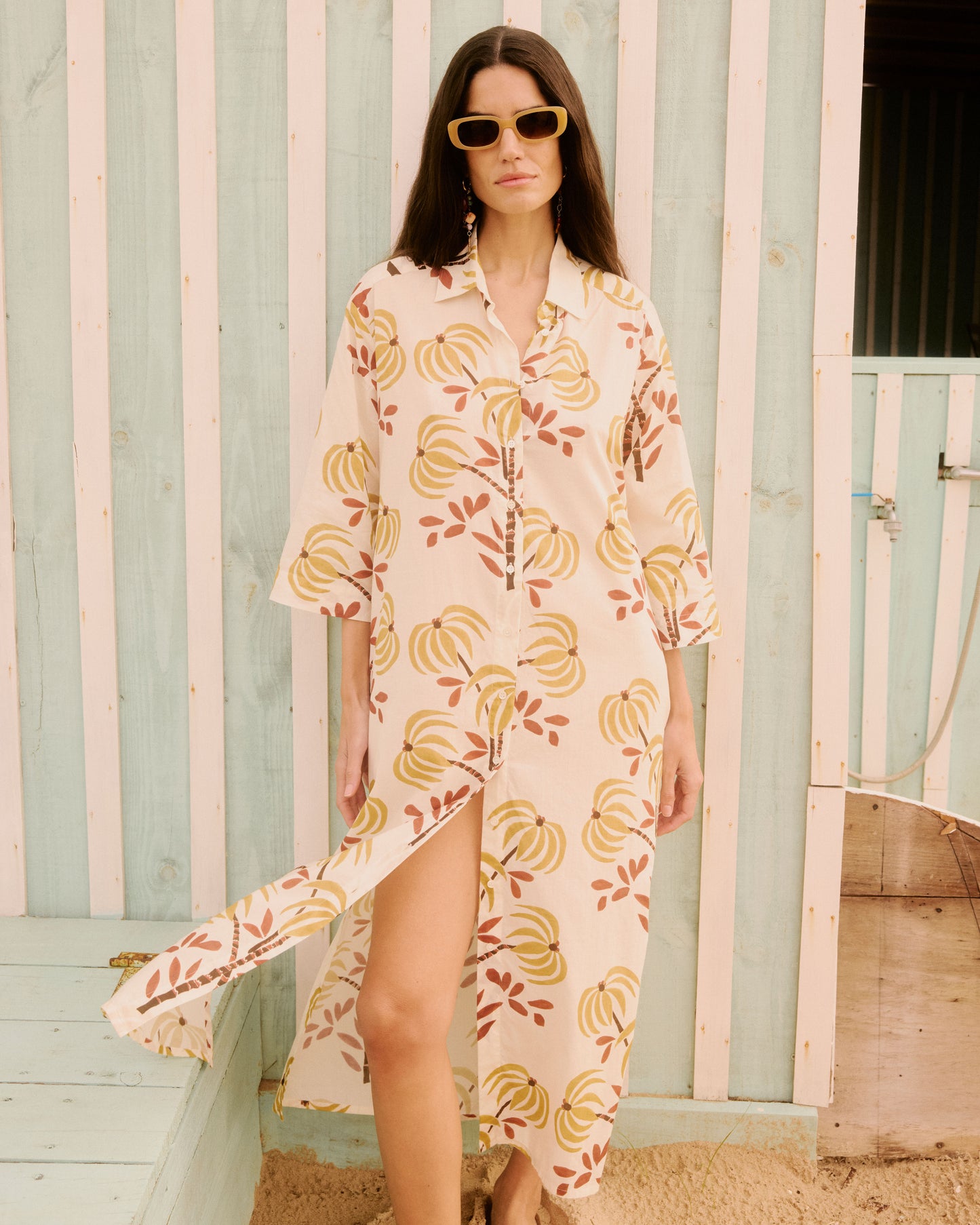 Robe Femme en Coton Imprimé Palmiers Doré & Marron Rune