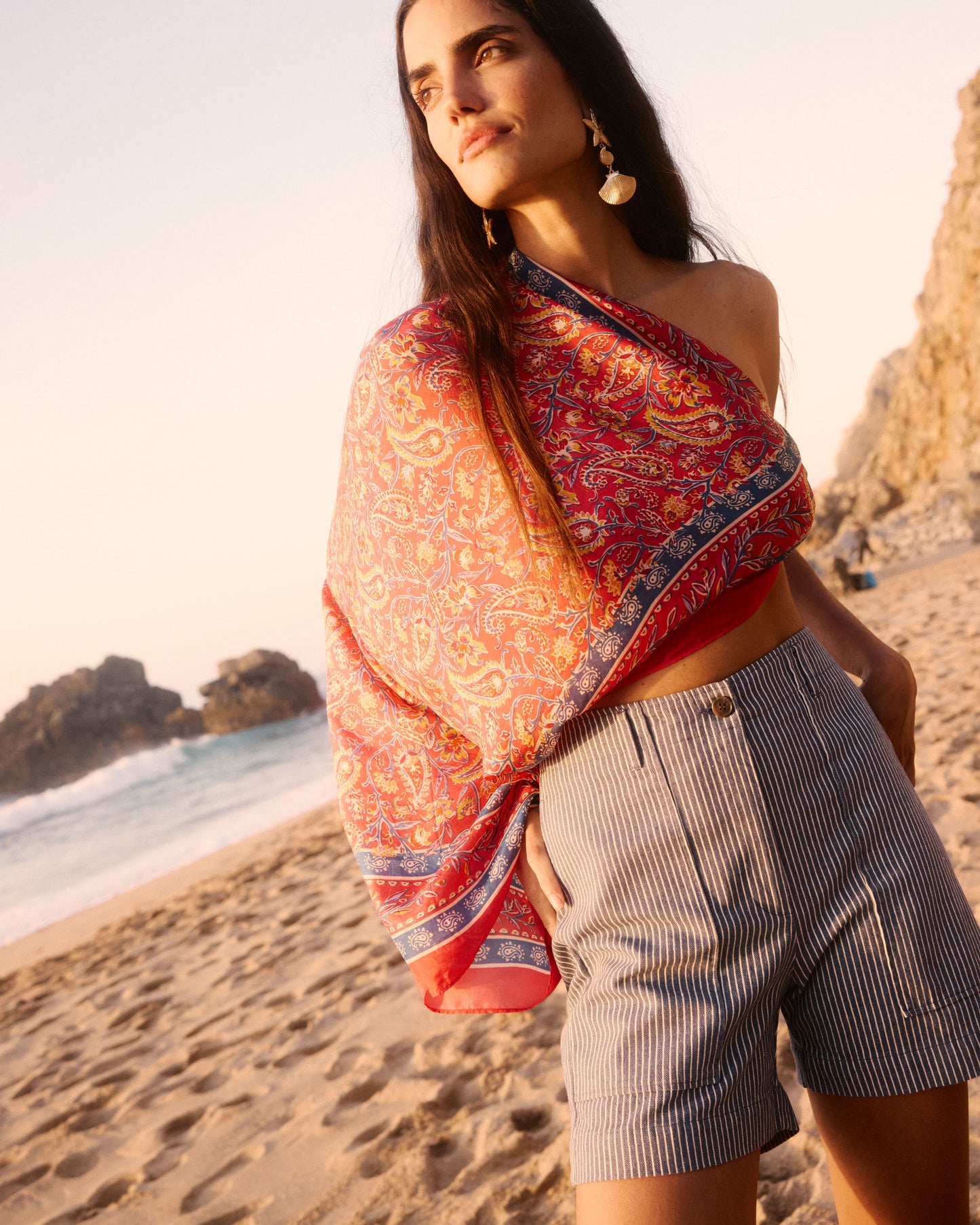 Short Femme en Twill de Coton Rayé Bleu & Blanc Sat