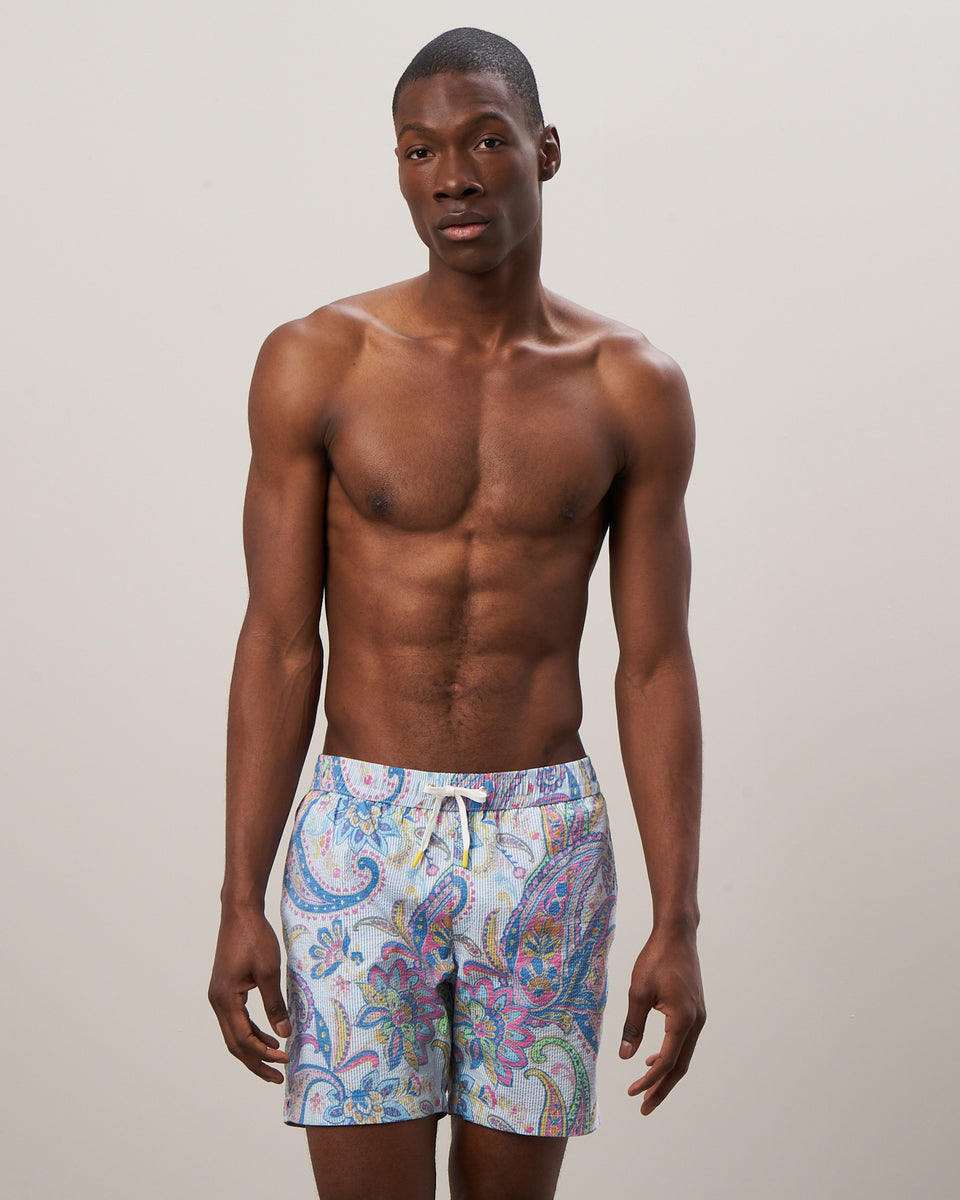 Men's Blue Printed Seersucker Swim Trunks - Image principale
