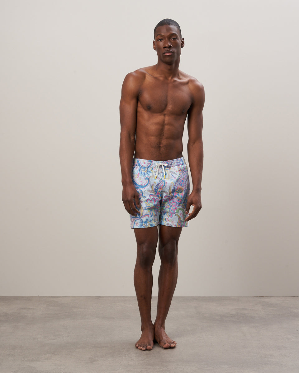 Men's Blue Printed Seersucker Swim Trunks - Image alternative