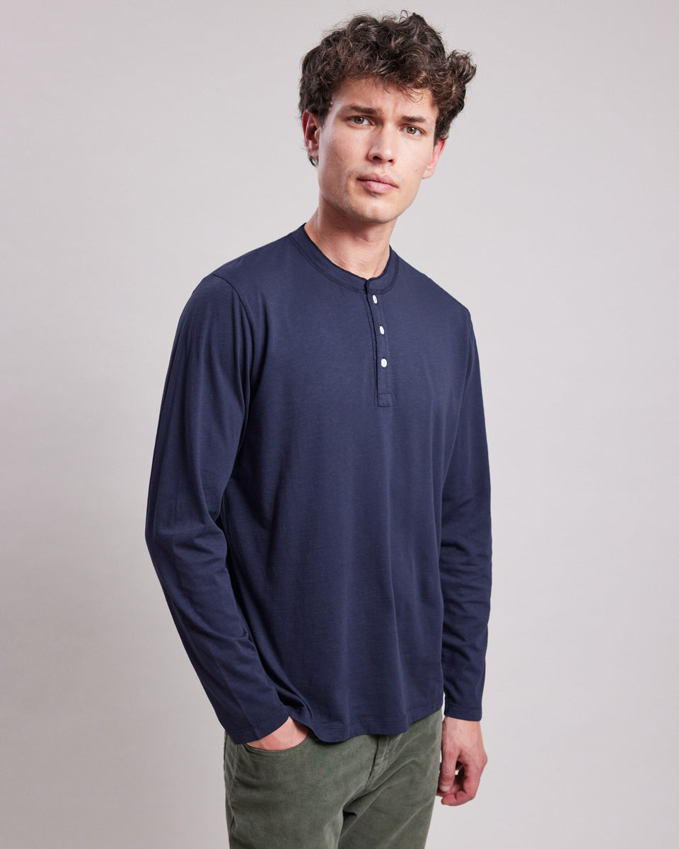 Tee shirt Homme en coton slub Bleu Marine Henley - Image principale