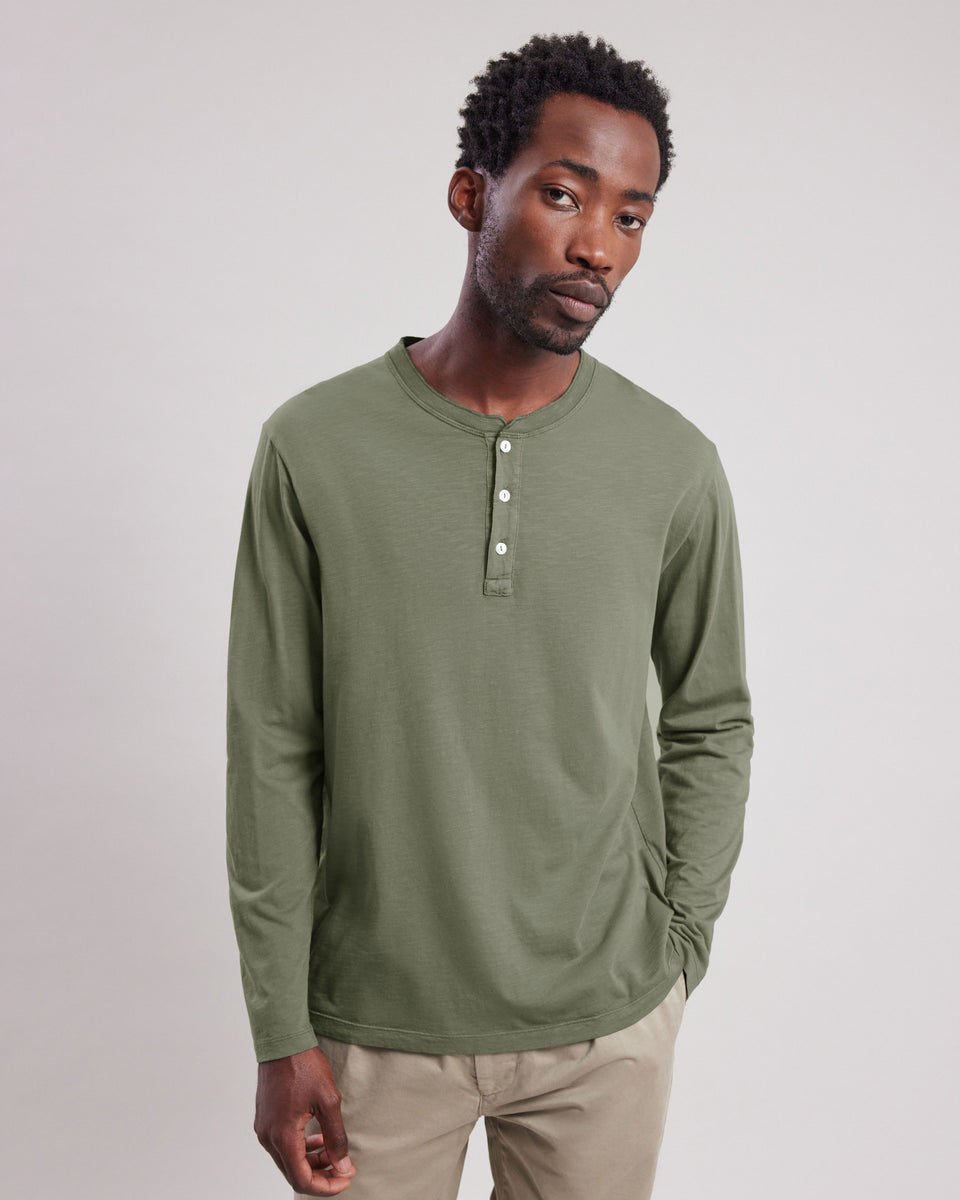Tee shirt Homme en coton slub Vert Militaire Henley - Image principale