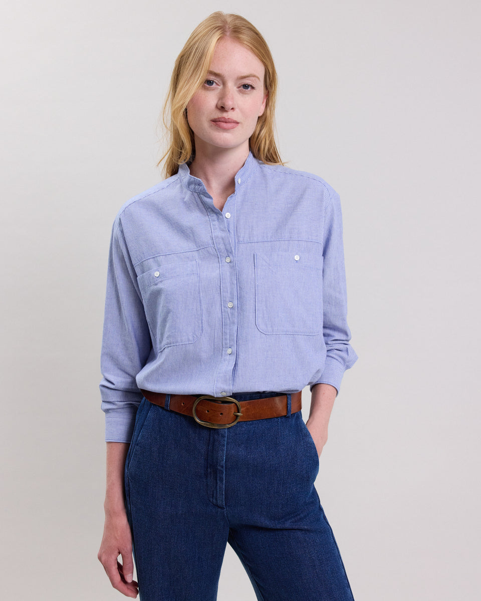 Chemise Femme en gabardine de coton à rayures Bleu Cloud - Image principale