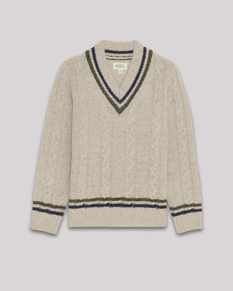 Pull Garcon en donegal de laine & alpaga Ecru & Indigo & Vert - Image principale