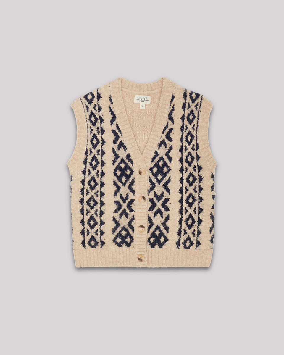 Pull Fille en laine mélangée jacquard Beige & Marine Monera - Image principale