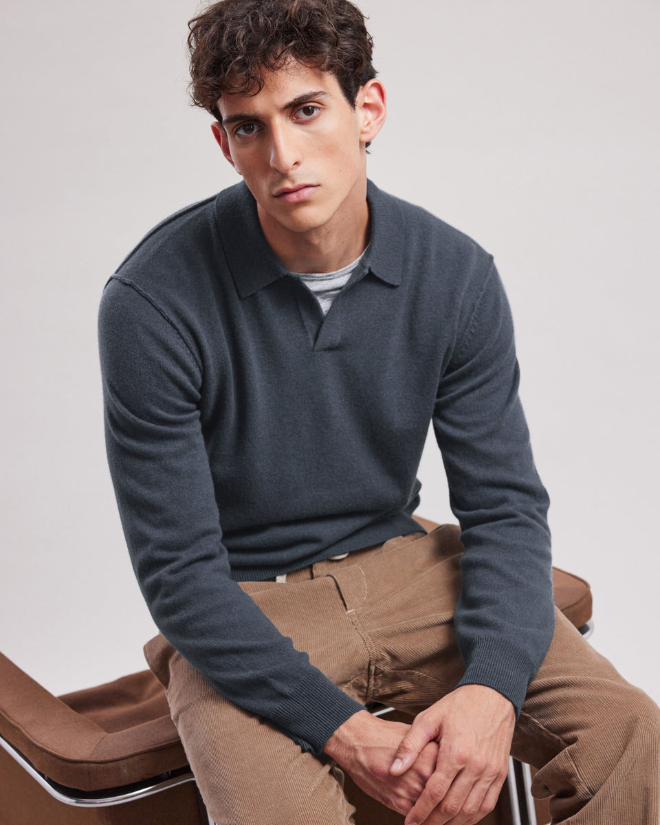 Pull col polo Homme en laine & cachemire Bleu Petrole - Image principale