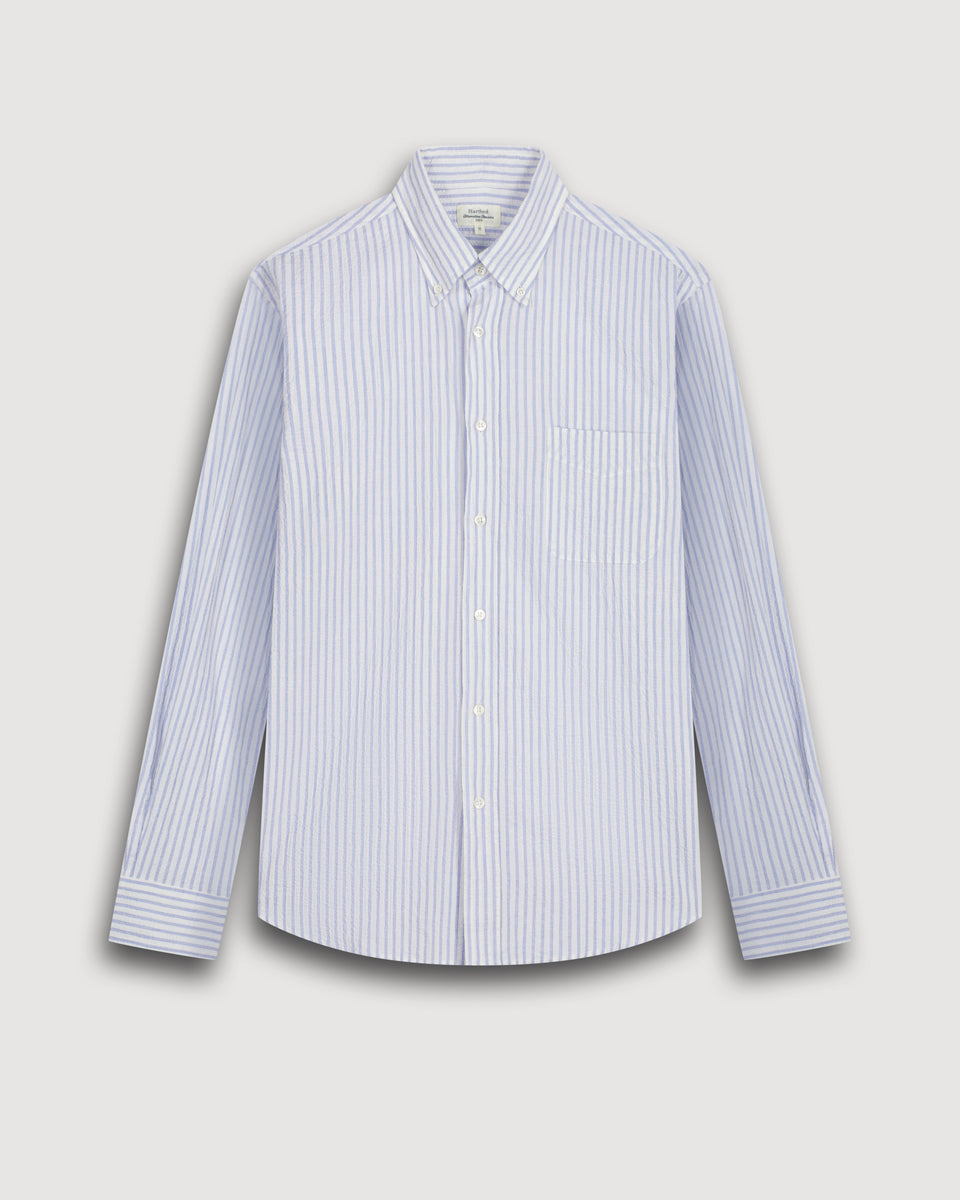Camisa Pitt Seersucker de rayas azules y blancas para hombre - Image 3