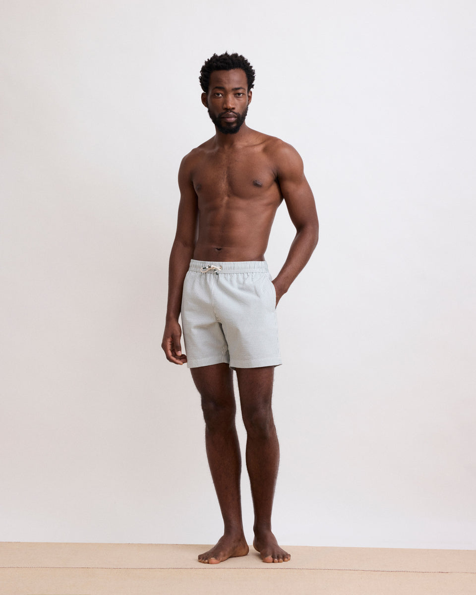 Men's Seersucker Military Green Swim Trunks - Image principale