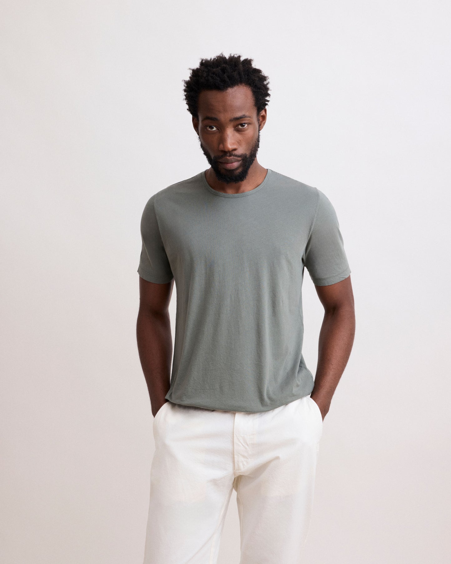 T-Shirt Homme en Jersey De Coton Léger Vert Militaire Light Crew
