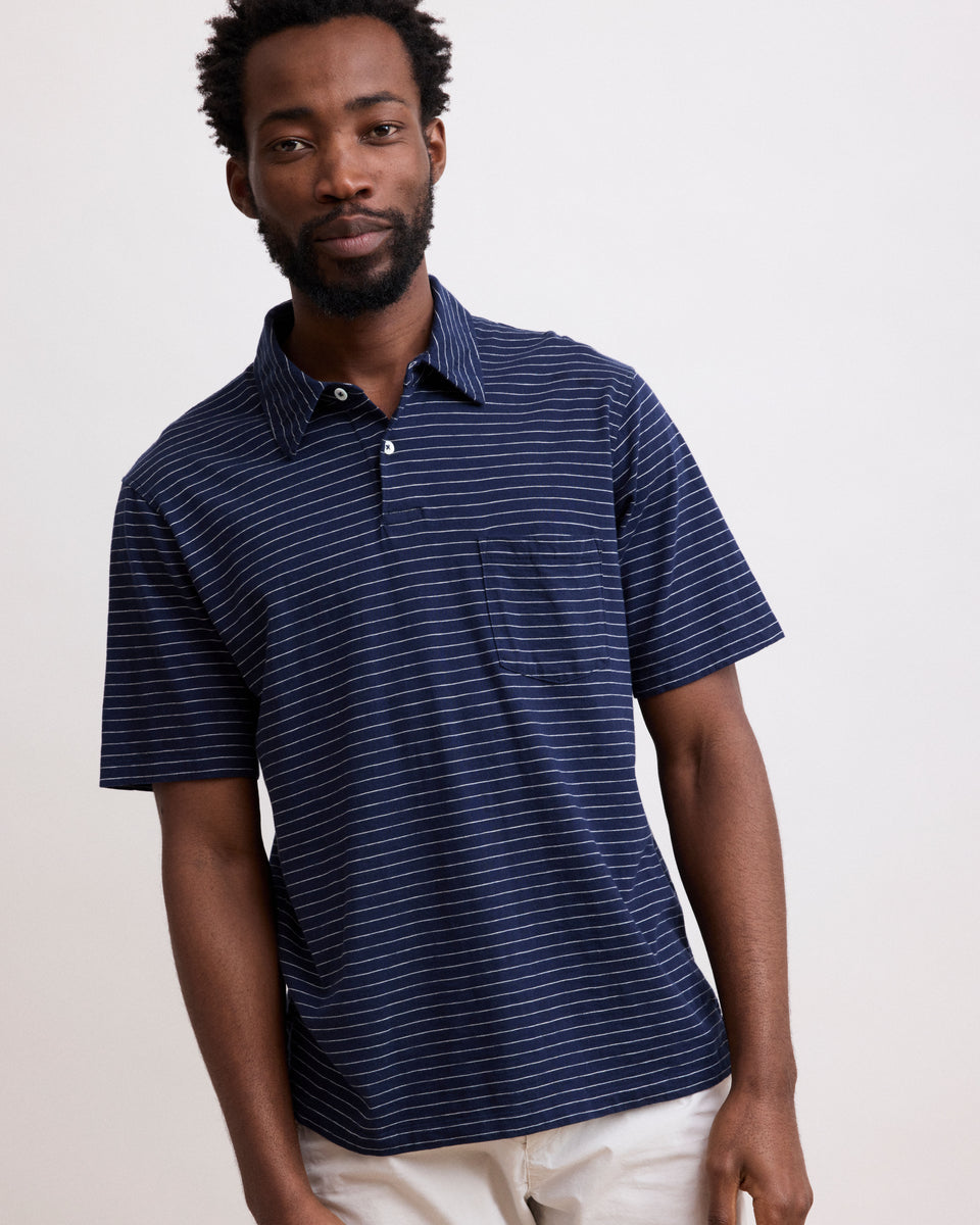 Men's Ecru & Cobalt Blue Striped Slub Jersey Polo - Image alternative