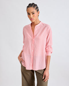Chemise Femme en Voile de Coton Rayé Rose Cristal