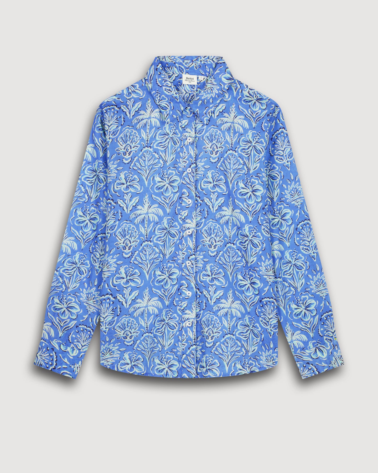 Camisa de voile de algodón estampada Caro azul para mujer