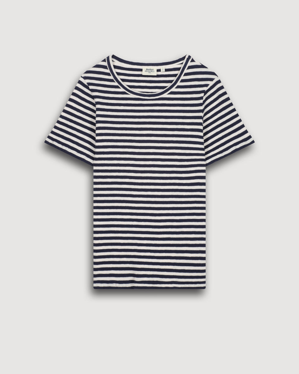 Camiseta Teofila de mujer de algodón canalé a rayas en crudo y azul marino - Image 3