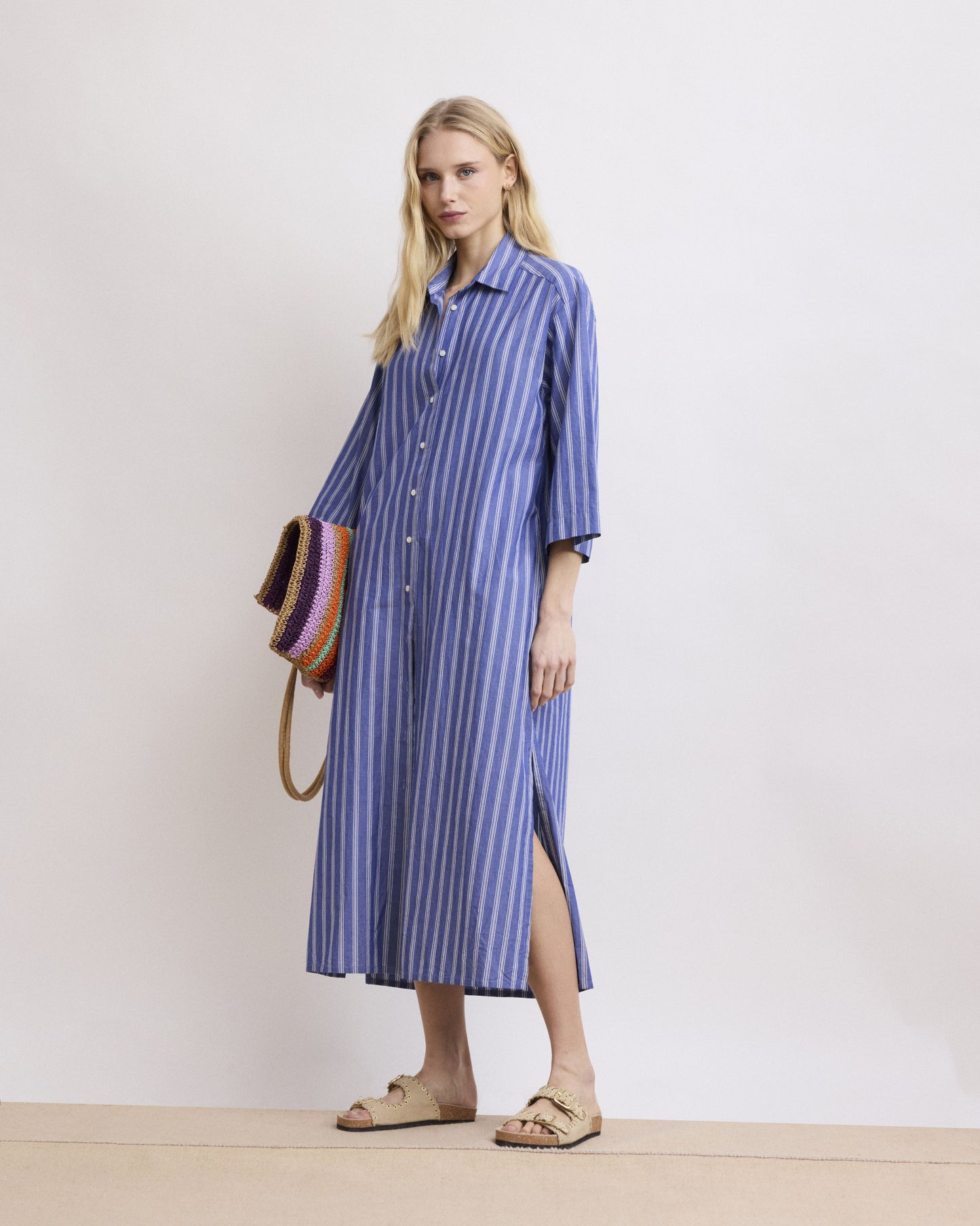 Rune Women's Blue & White Striped Cotton Voile Dress