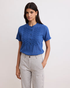 Tee Shirt Femme en Coton Bi-Matière Bleu Marine Tuva