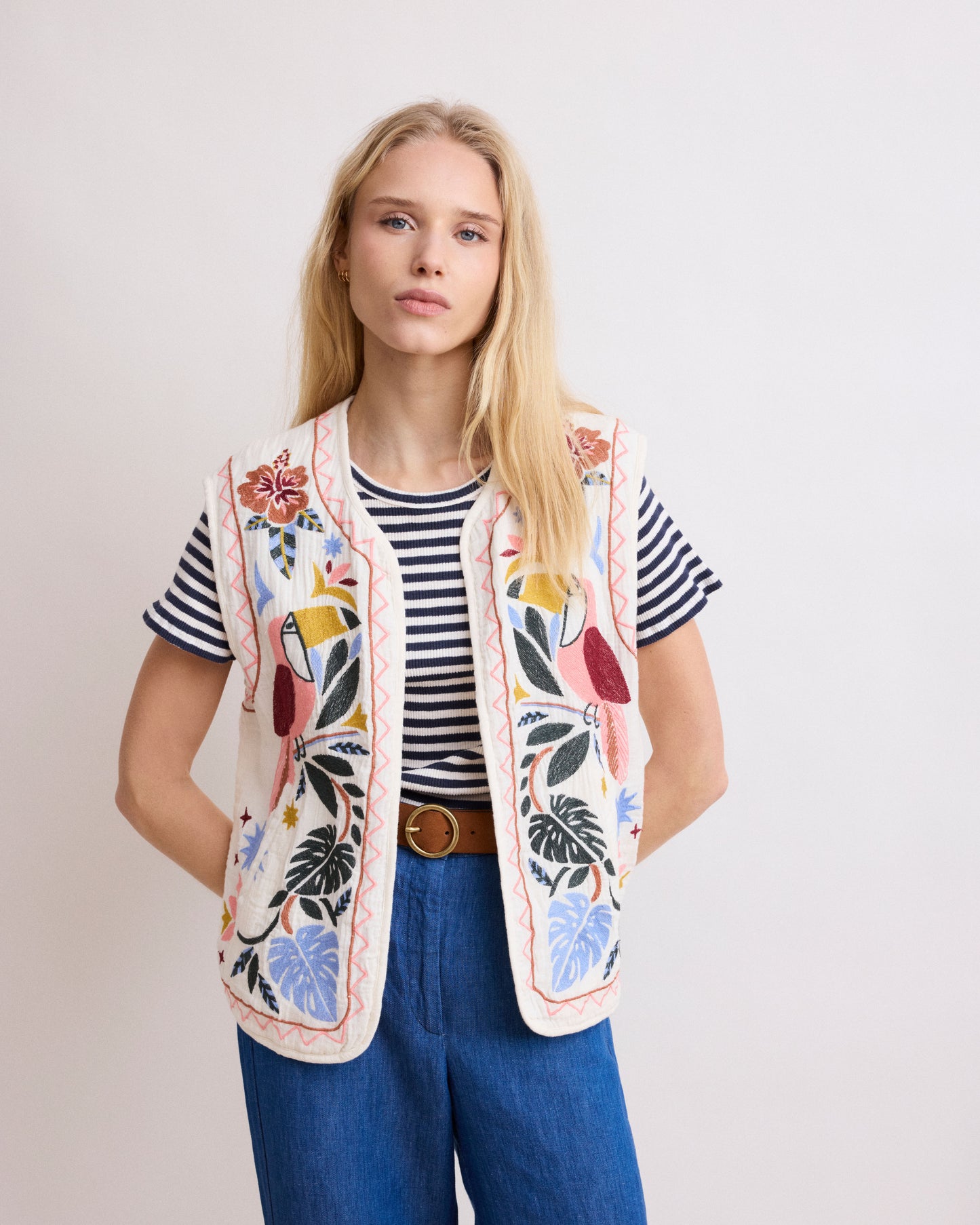 Veste Femme en Gaze de Coton Brodée Multicolore Viva