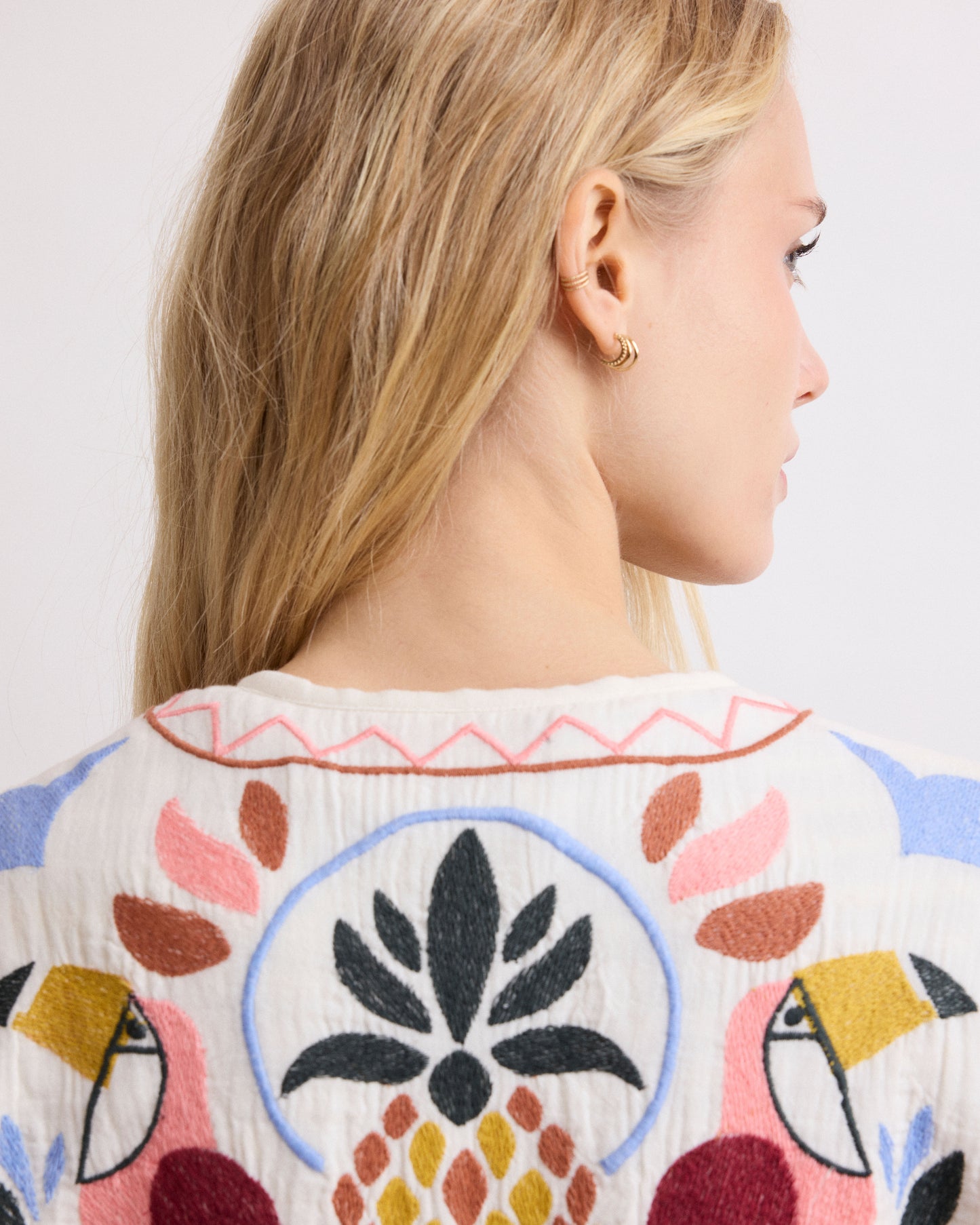 Veste Femme en Gaze de Coton Brodée Multicolore Viva