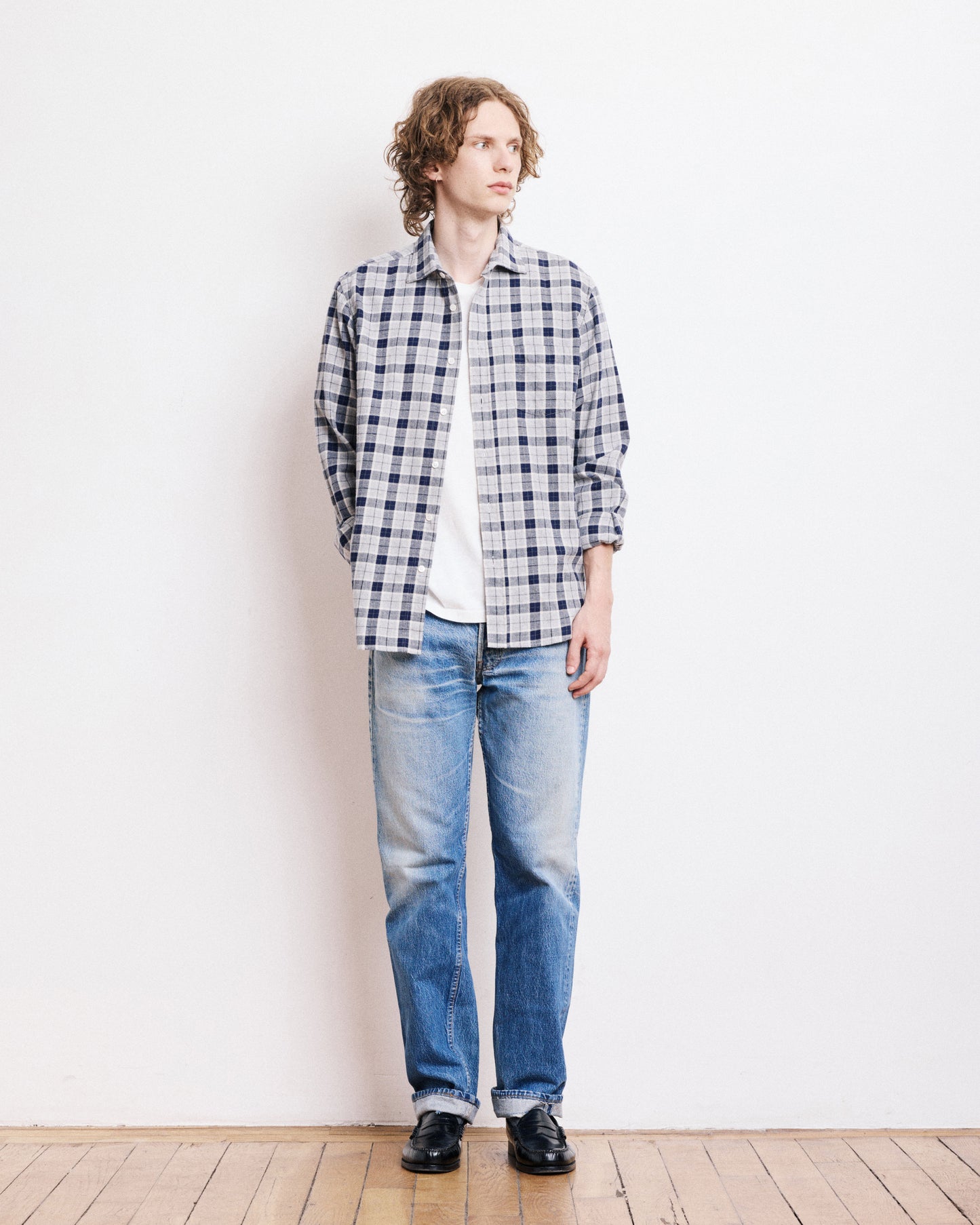Chemise Homme en Coton Brossé à Carreaux Gris Paul