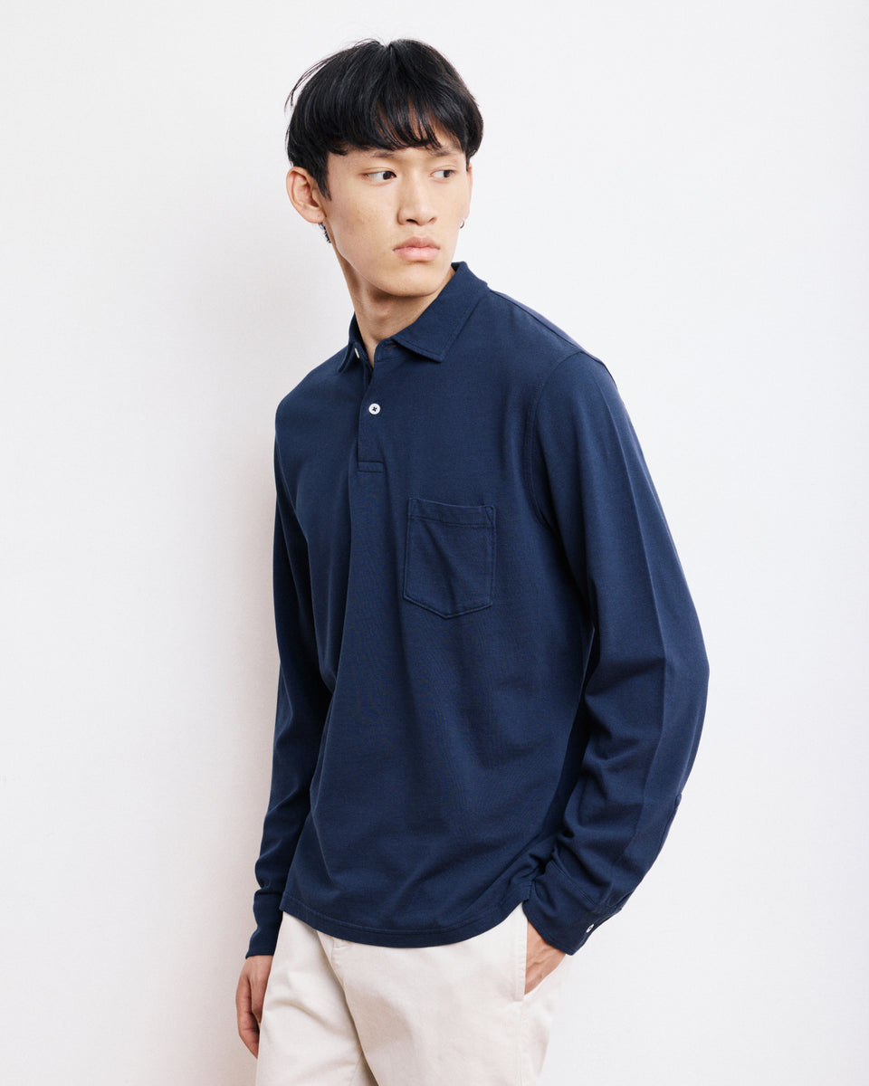 Polo de piqué de algodón azul marino para hombre - Image principale