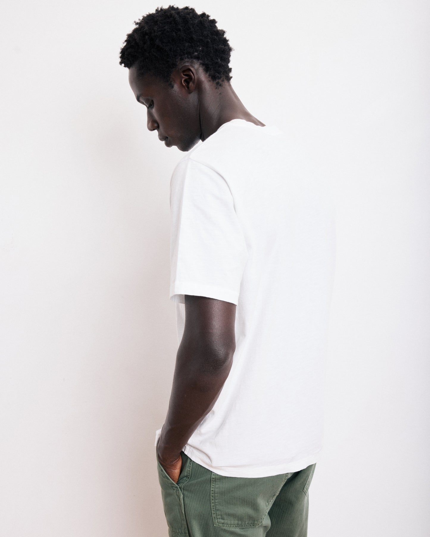 T-shirt Homme en Coton Slub Blanc Pocket Crew