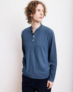 T-Shirt Homme en Coton Slub Bleu Cobalt Henley