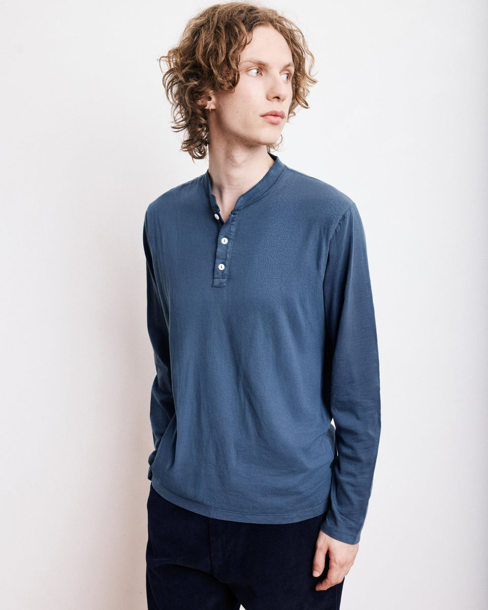 T-Shirt Homme en Coton Slub Bleu Cobalt Henley - Image principale