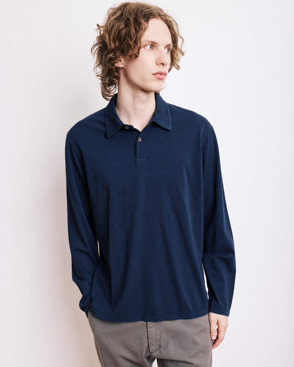 Polo Homme en Coton Slub Bleu Marine - Image principale