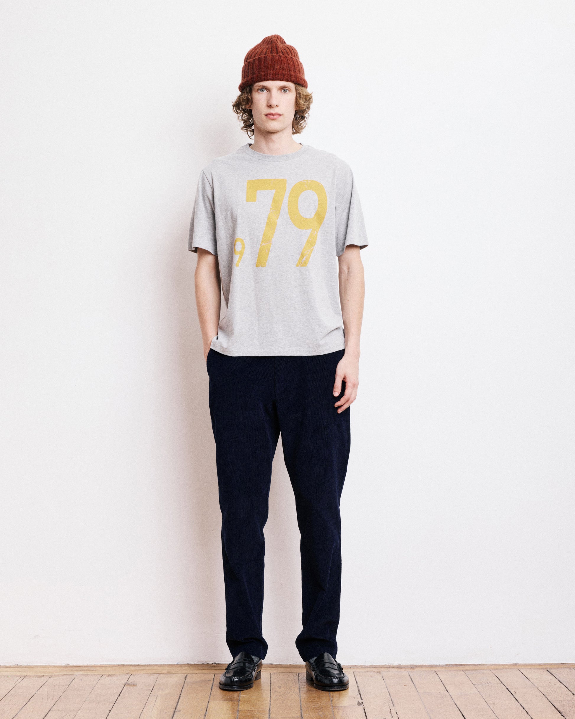 T-Shirt Homme en Coton Slub Imprimé 1979 Gris Chiné