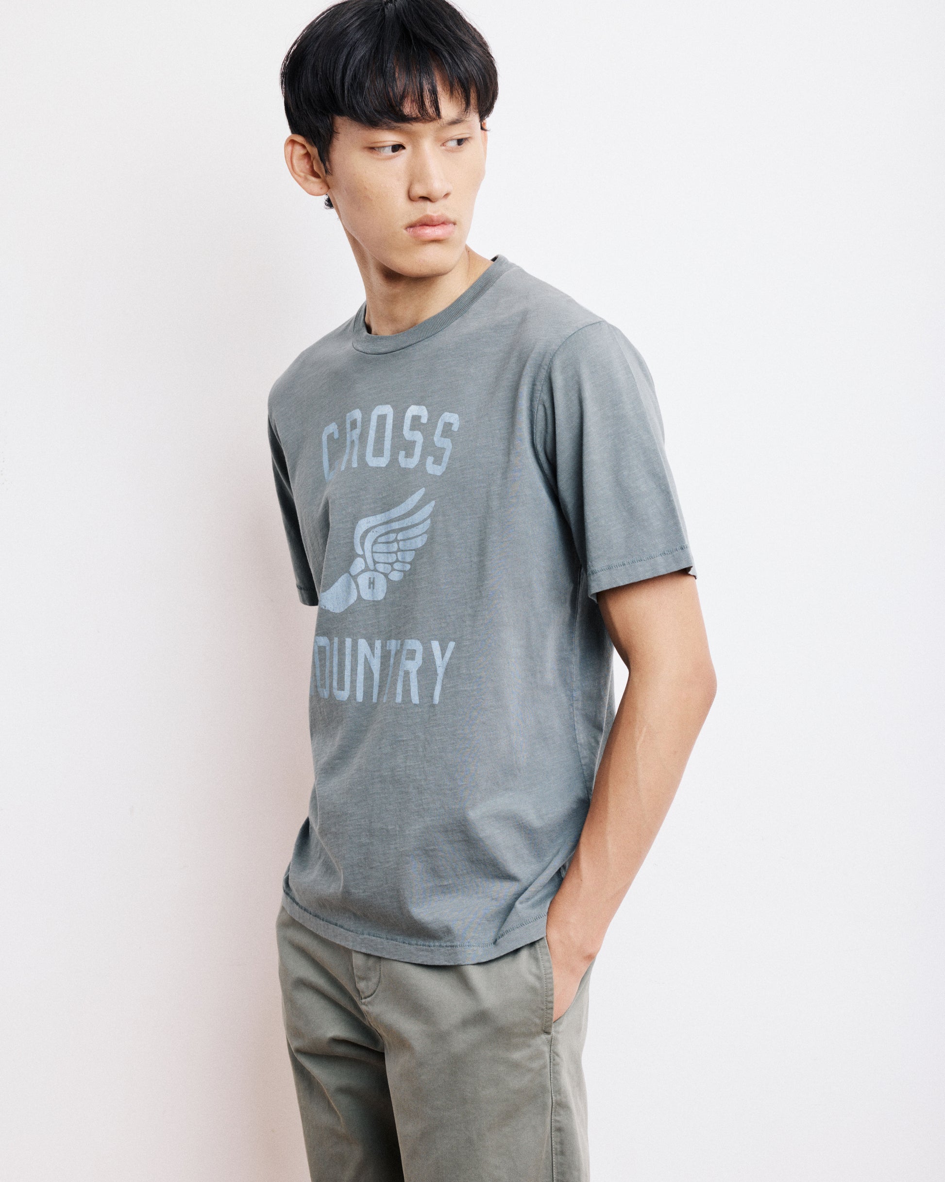 T-Shirt Homme en Coton Slub Imprimé Cross Country Vert de Gris