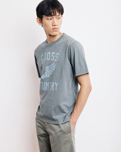 T-Shirt Homme en Coton Slub Imprimé Cross Country Vert de Gris