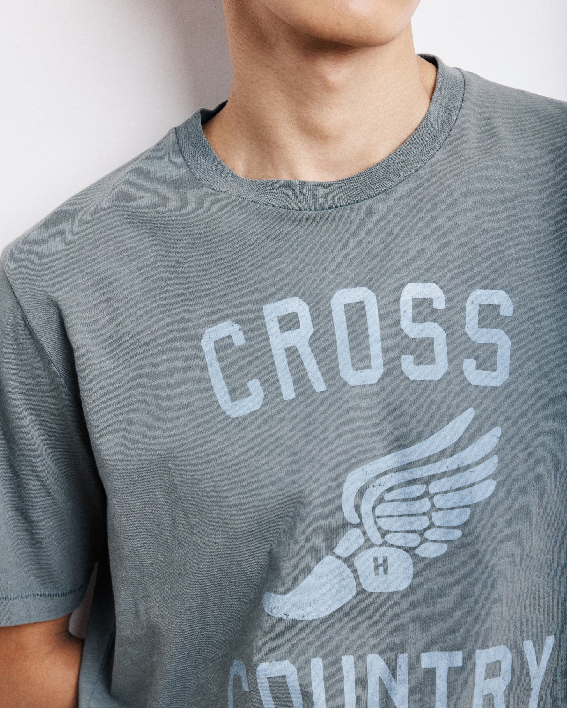T-Shirt Homme en Coton Slub Imprimé Cross Country Vert de Gris