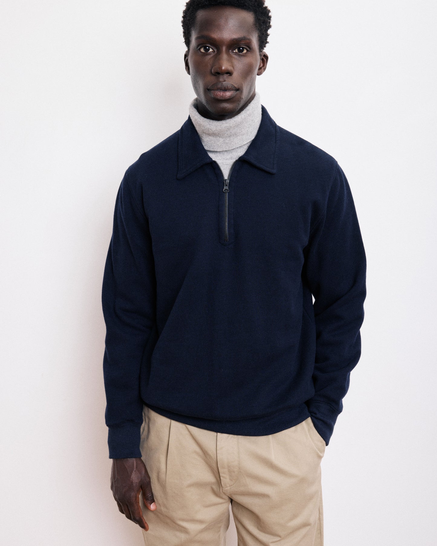 Sweatshirt Homme en Coton & Laine Bleu Marine Polo Zipper