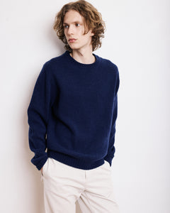 Pull Col Rond Homme en Laine Shetland Bleu Marine