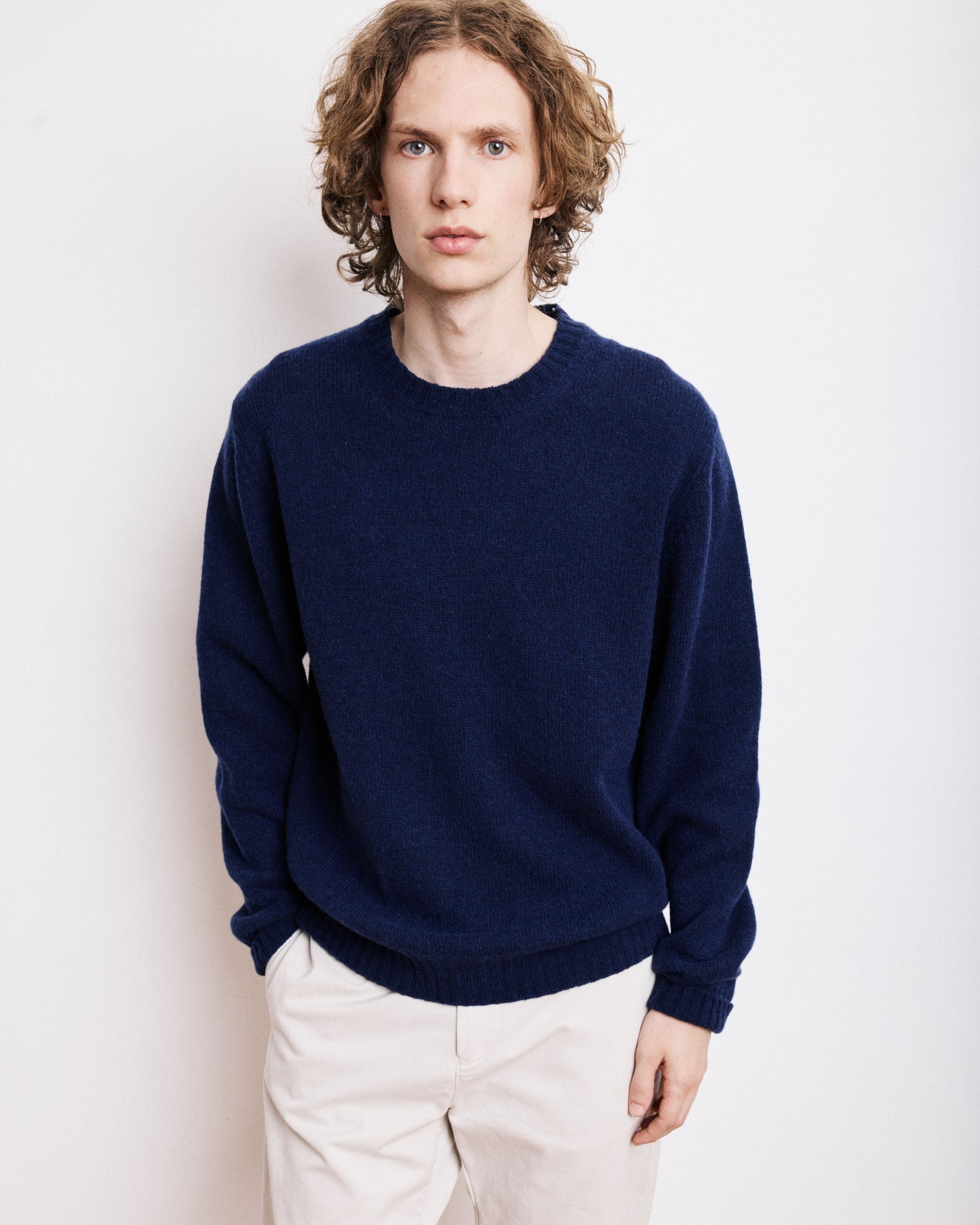 Pull Col Rond Homme en Laine Shetland Bleu Marine