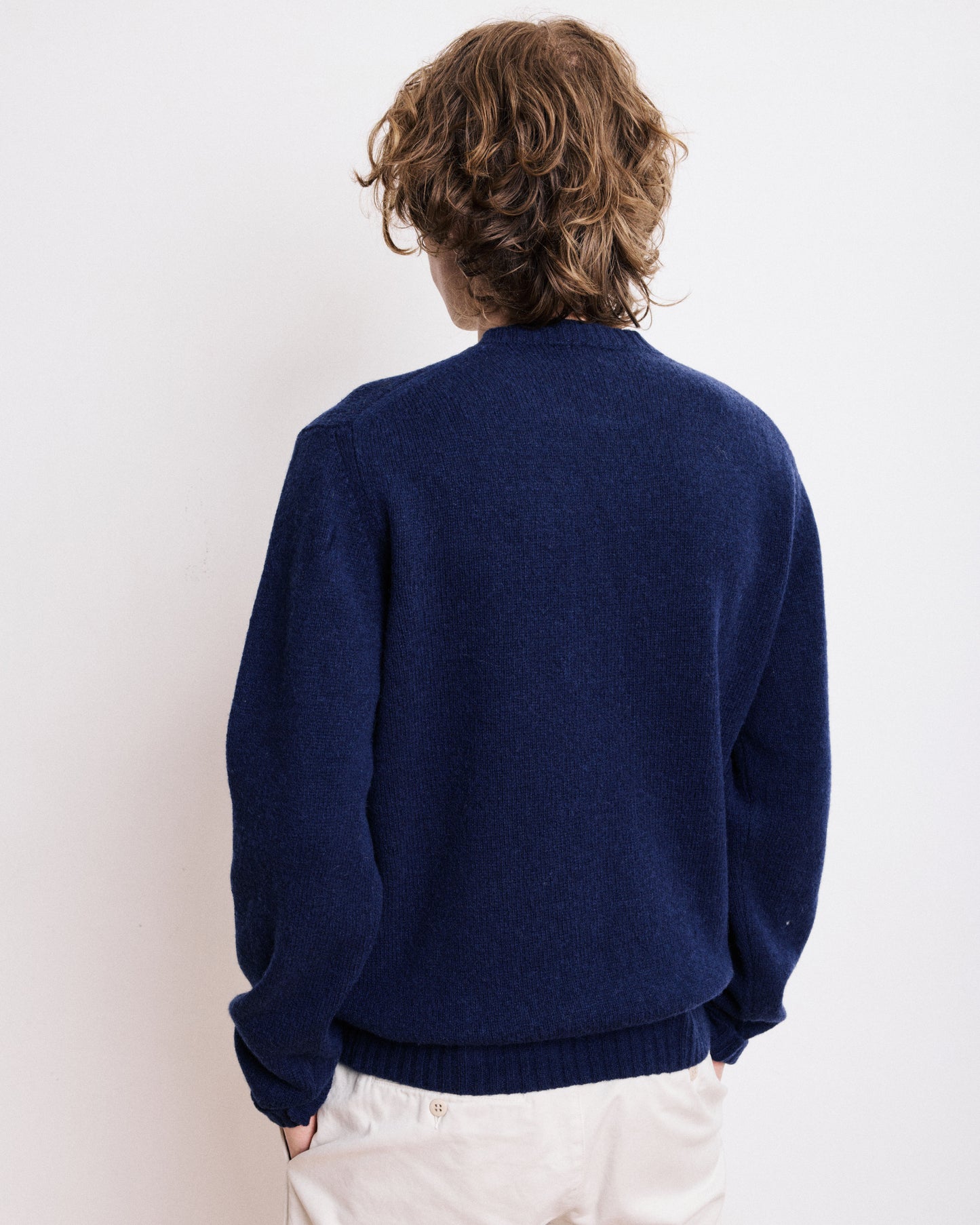 Pull Col Rond Homme en Laine Shetland Bleu Marine