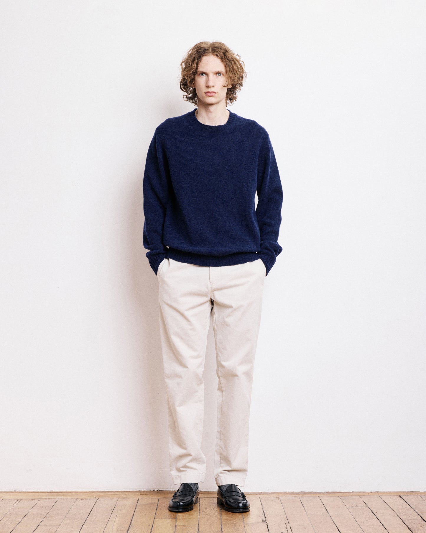 Pull Col Rond Homme en Laine Shetland Bleu Marine