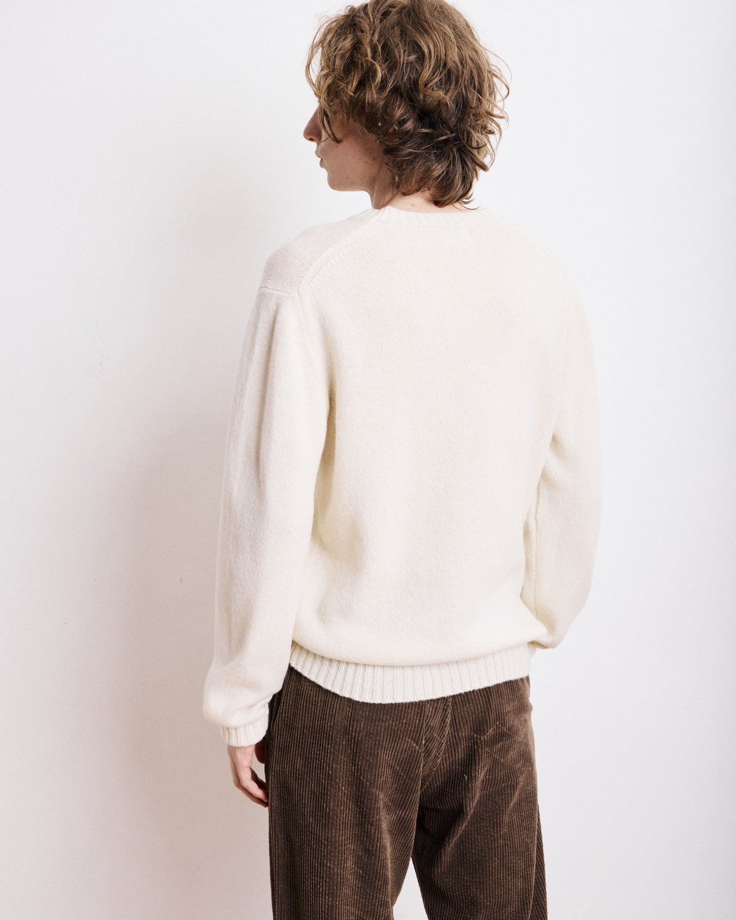 Pull Col Rond Homme en Laine Shetland Ecru