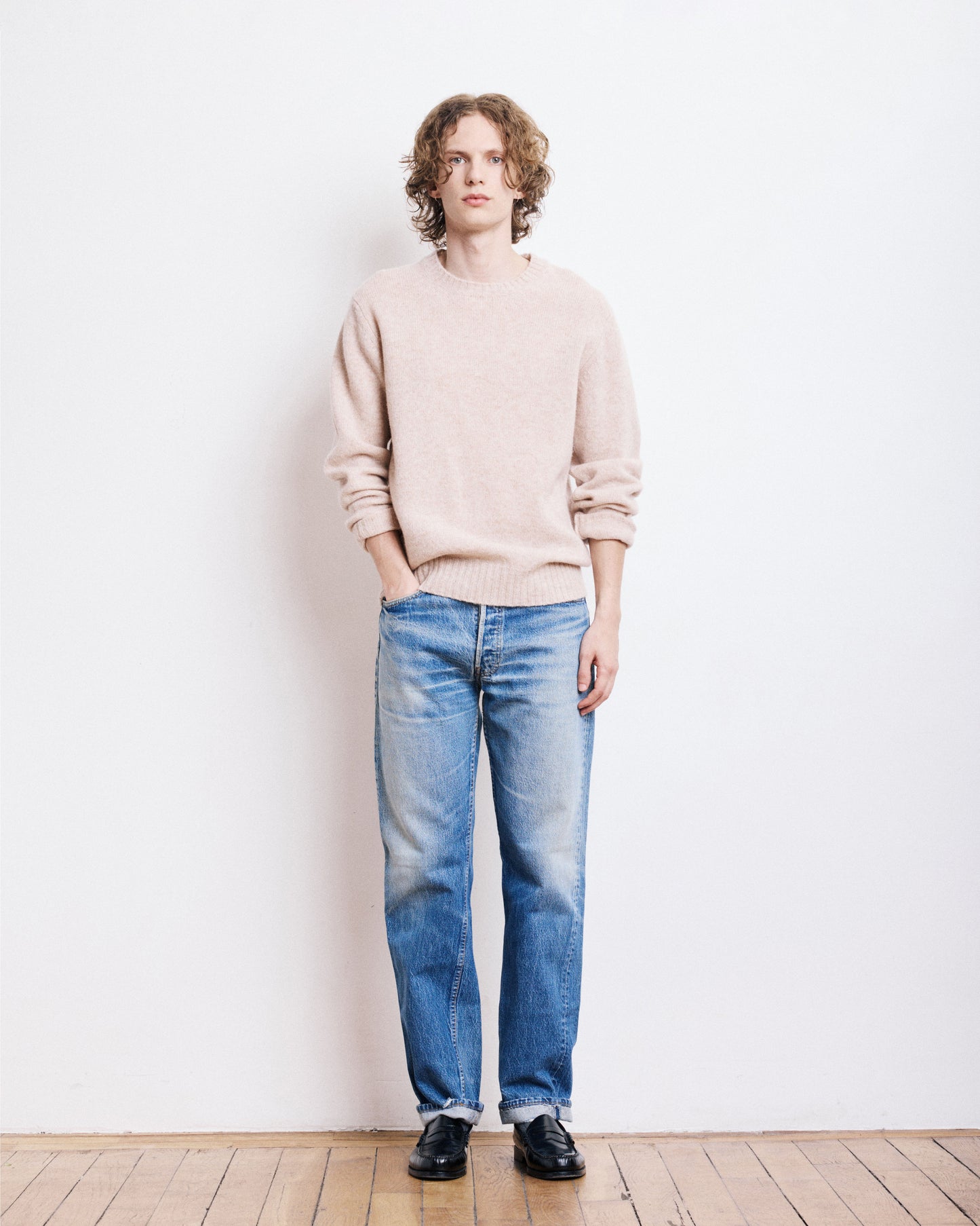 Pull Col Rond Homme en Laine Shetland Beige