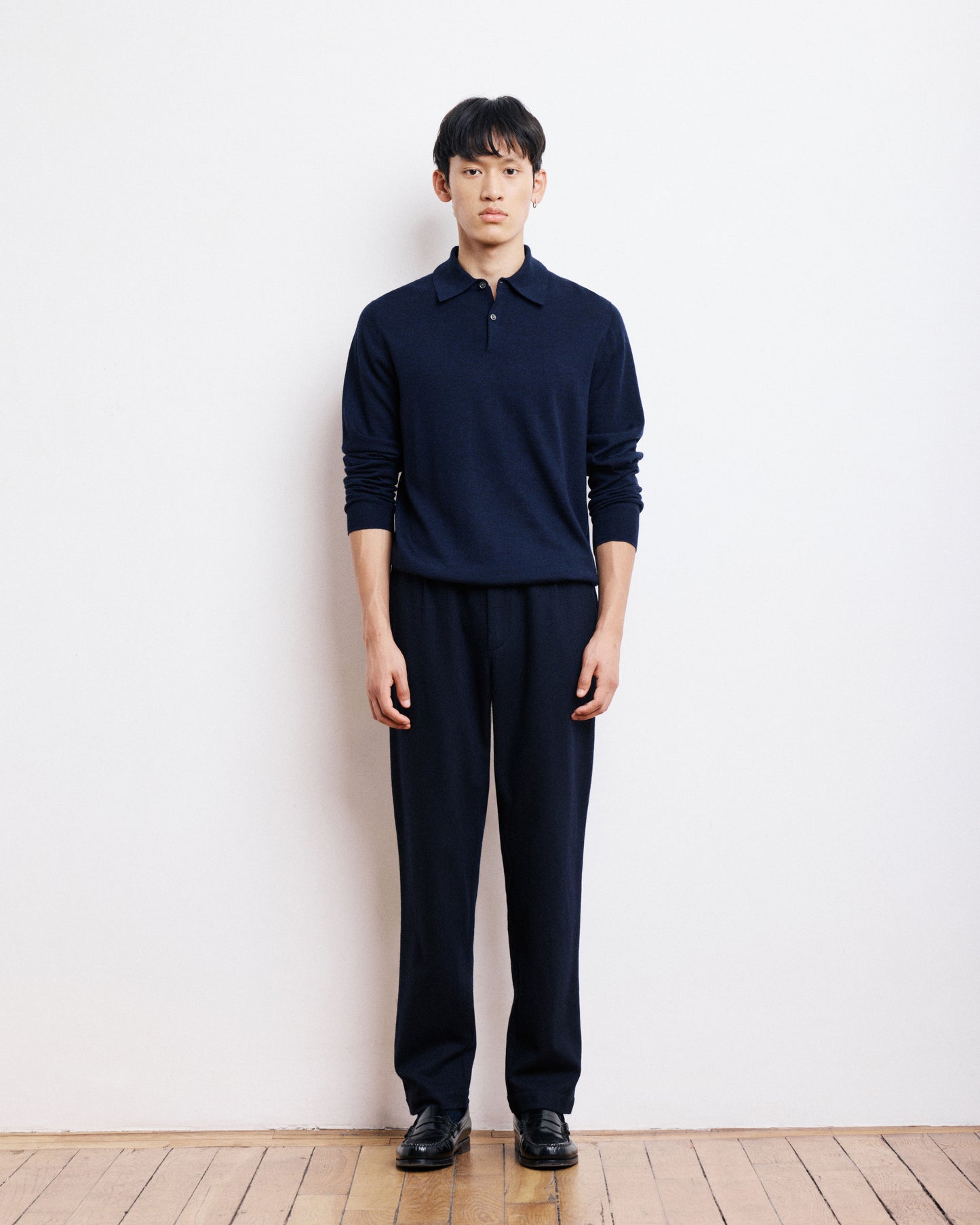 Pull Col Polo Homme en Fine Laine Mérinos Bleu Marine