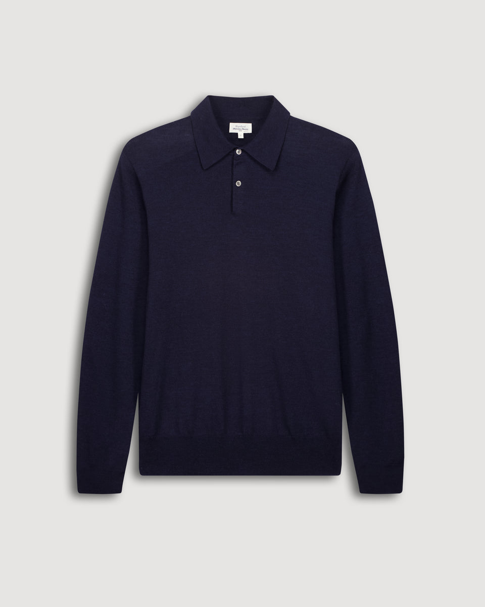 Pull Col Polo Homme en Fine Laine Mérinos Bleu Marine - Image 3