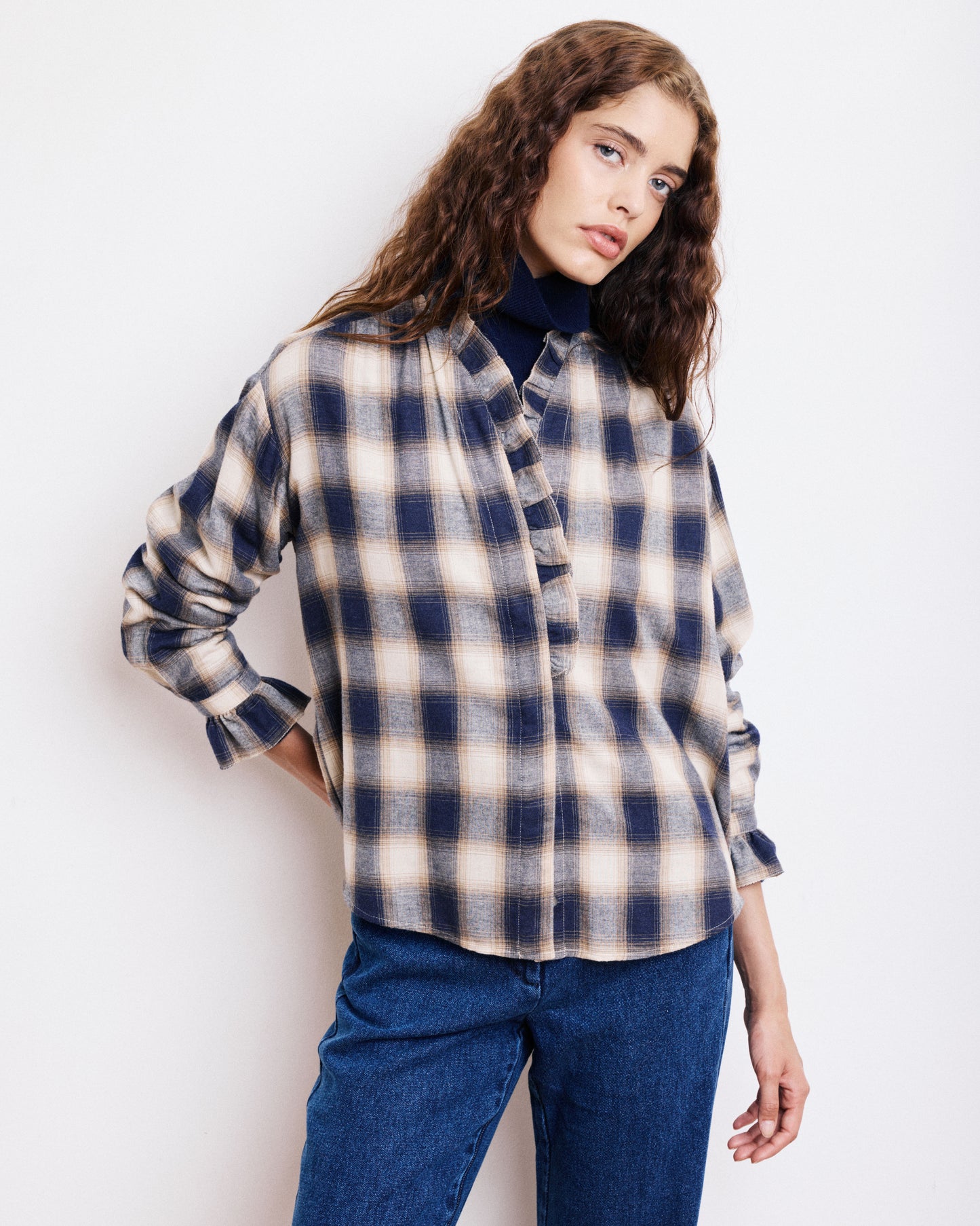 Chemise Femme en Laine & Viscose Beige & Bleu Carmela