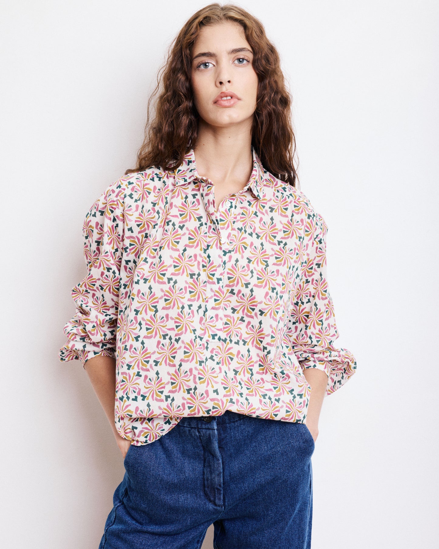 Blouse Femme en Coton Imprimé Rose & Vert Clarisse