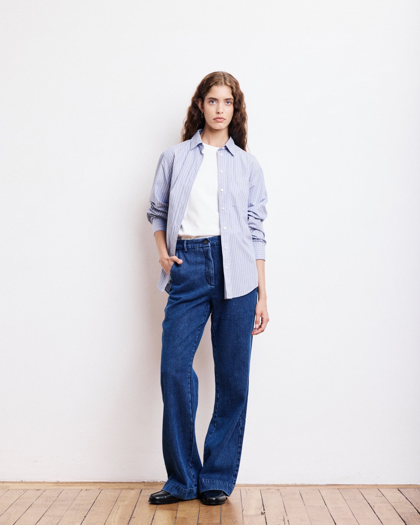 Chemise Femme en Popeline de Coton à Rayures Bleues Cover