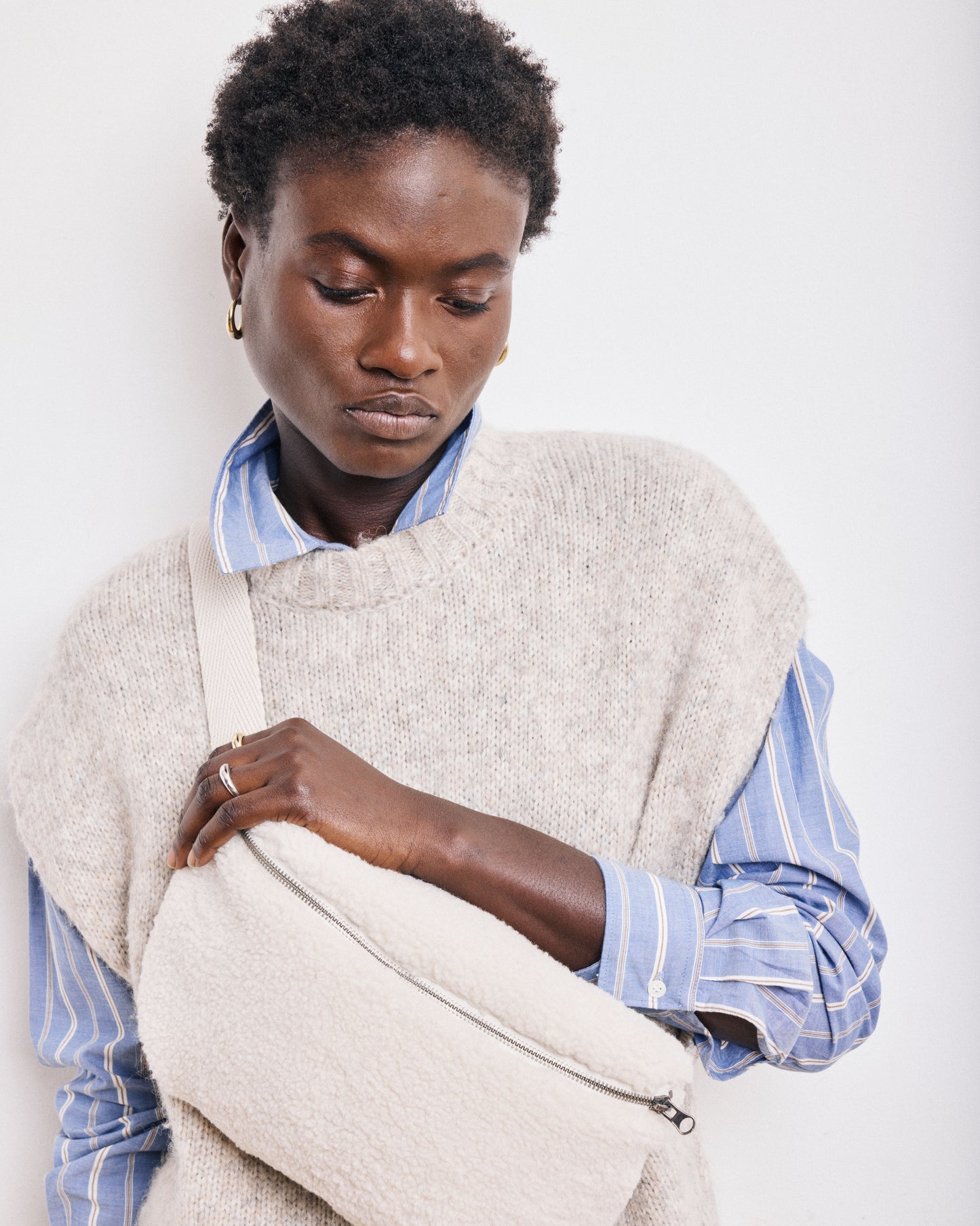 Banane Femme en Fausse Fourrure Bouclée Ecru Elvire Bag
