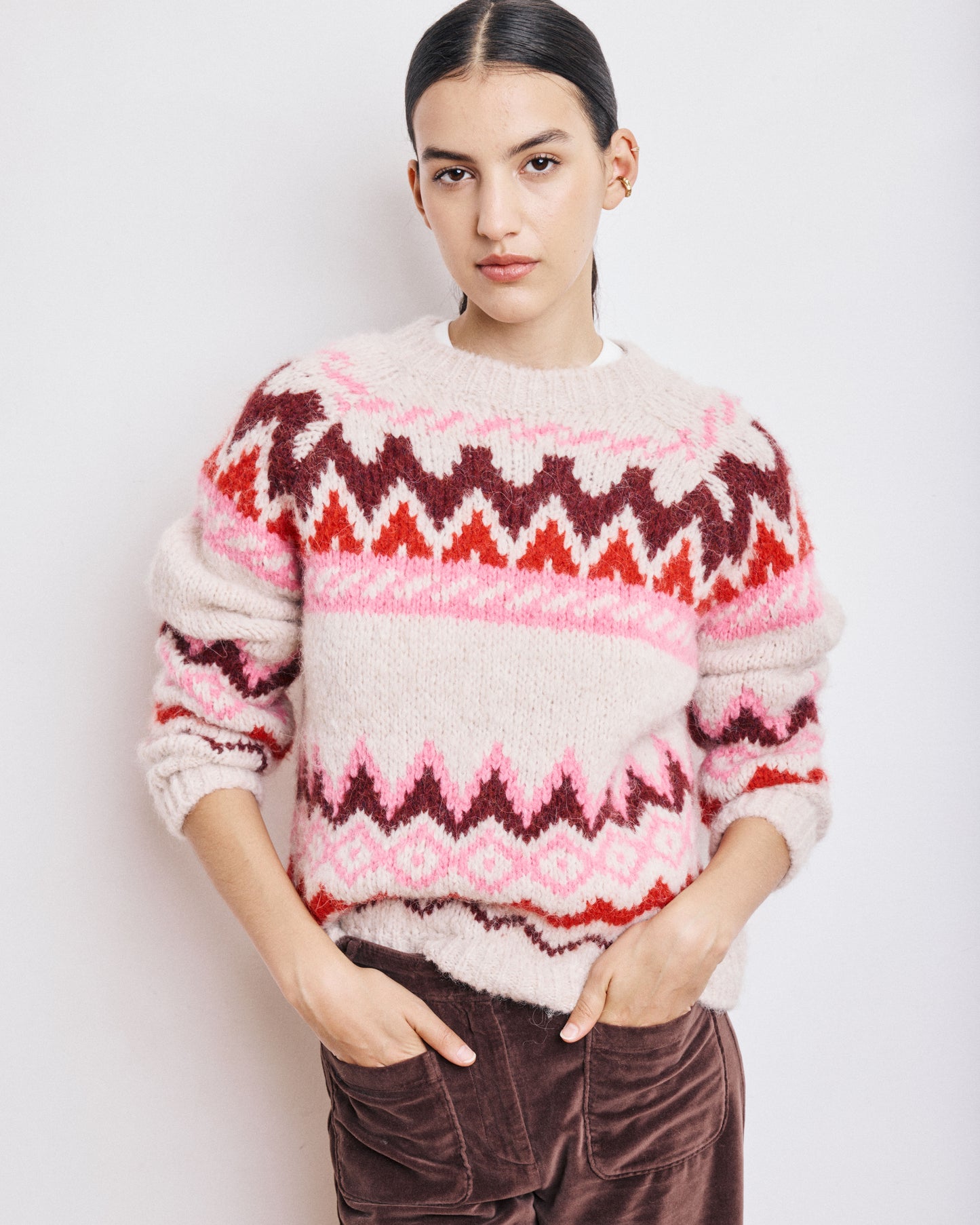 Pull Femme en Alpaga & Laine Ecru & Rose Magie