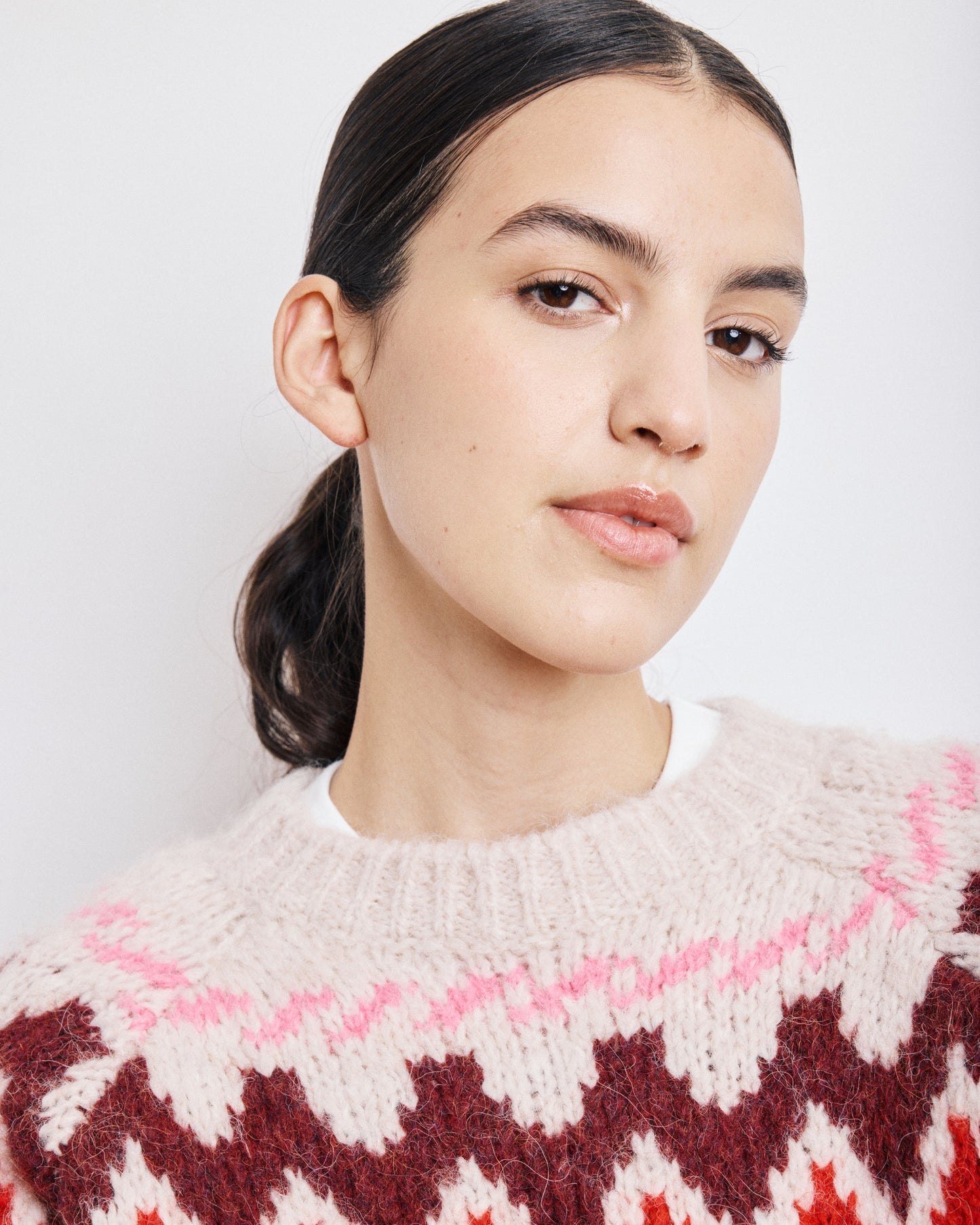 Pull Femme en Alpaga & Laine Ecru & Rose Magie