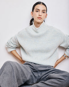 Pull Femme en Laine Mérinos Côtelée Ecru & Vert Jade Myatis