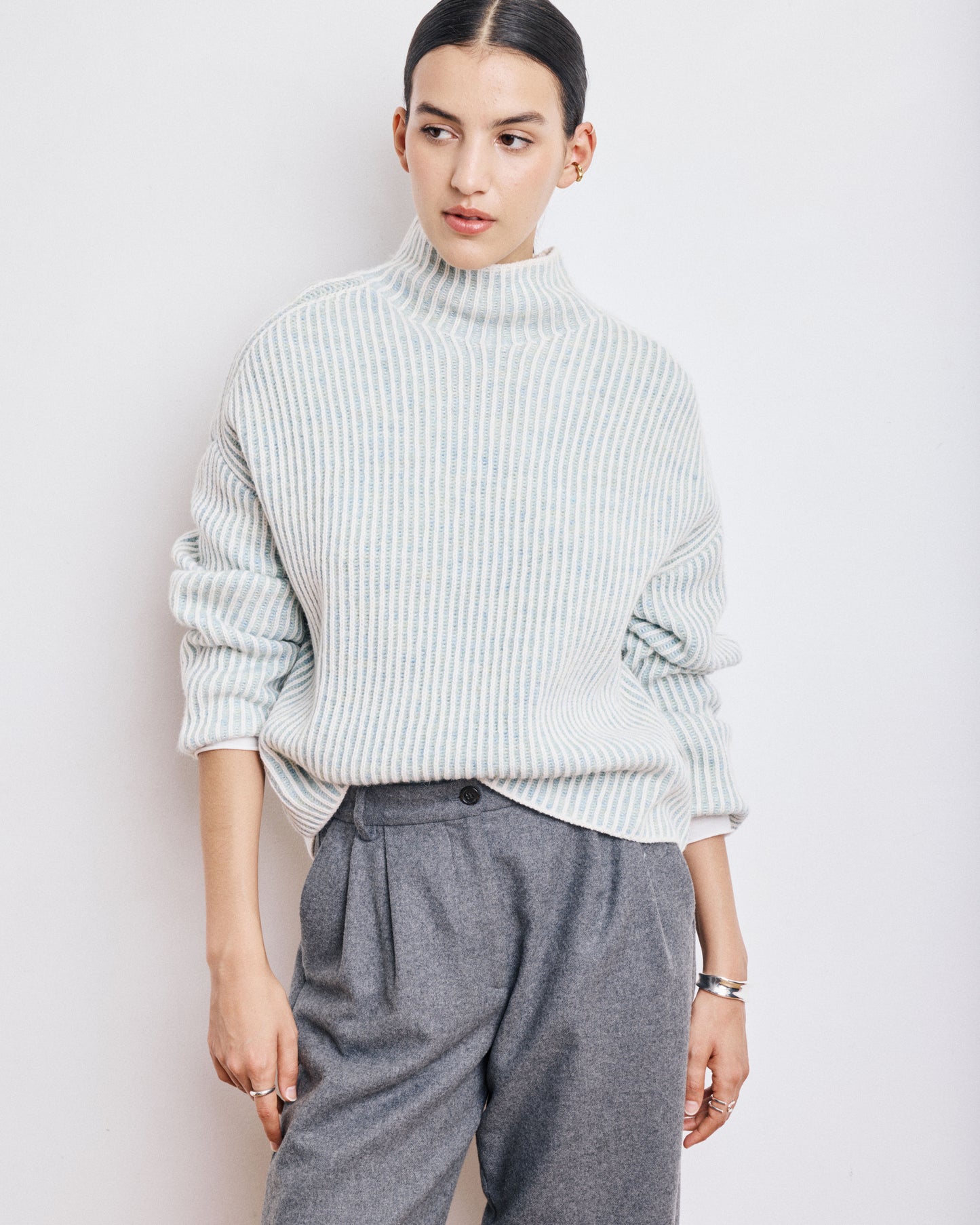 Pull Femme en Laine Mérinos Côtelée Ecru & Vert Jade Myatis