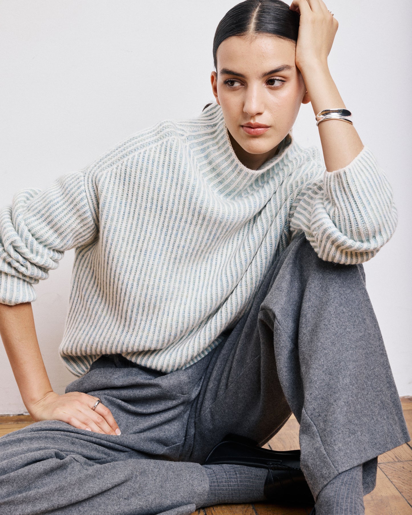 Pull Femme en Laine Mérinos Côtelée Ecru & Vert Jade Myatis
