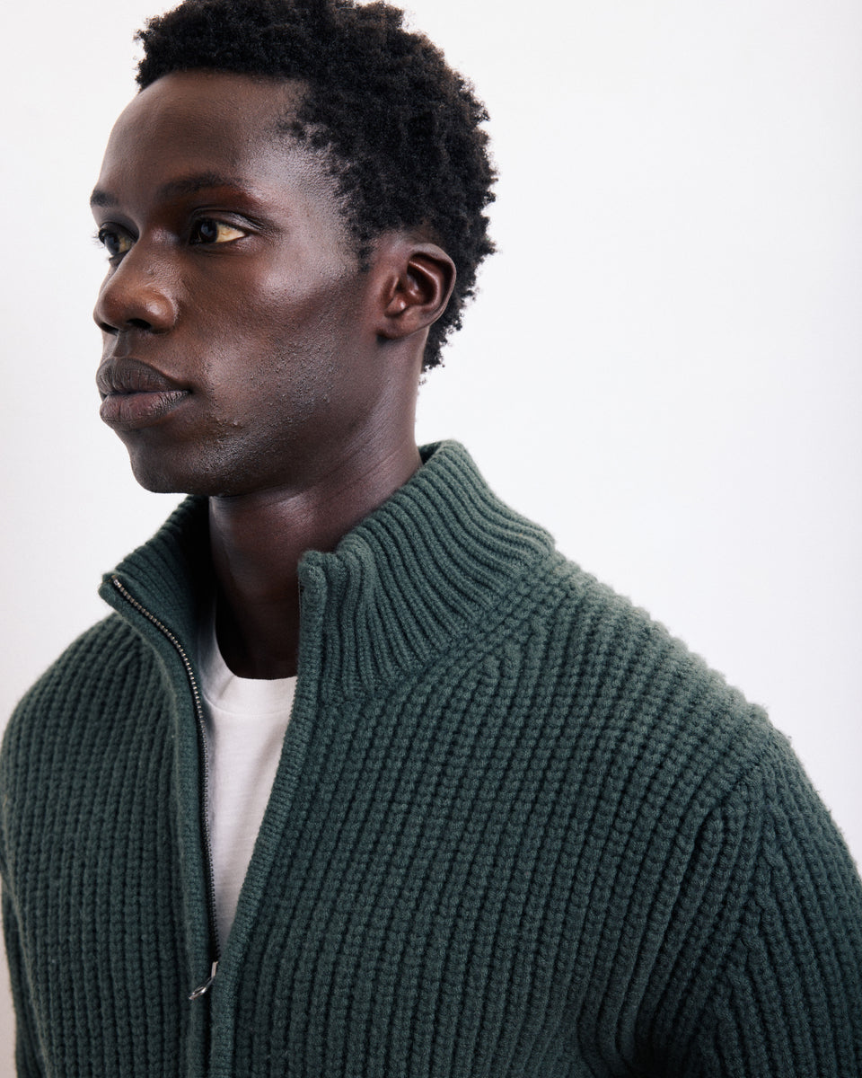 Zipper Men's Military Green Merinos Wool Sweater - Image alternative